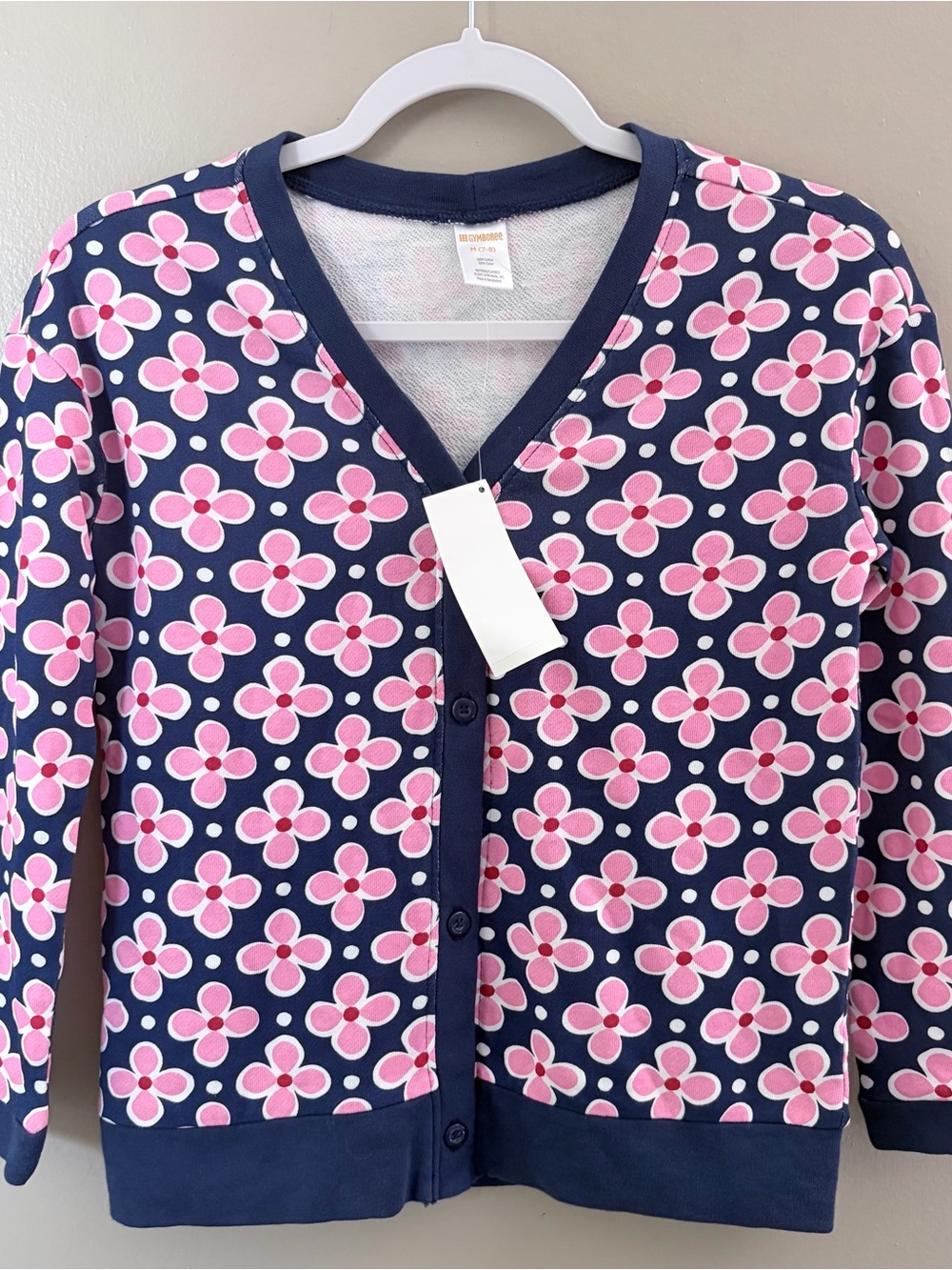 Gymboree Girls Medium 7-8 Navy Blue Pink Floral Print Button Up Cardigan NWT
